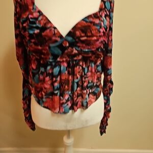 SO Black Floral Long Sleep Deep V Neck Blouse Size XL